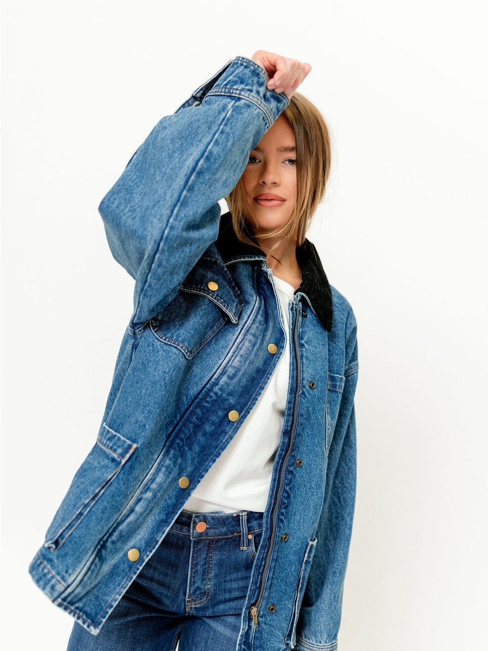 Women's Blue Denim Jacket with Black Contrast Collar